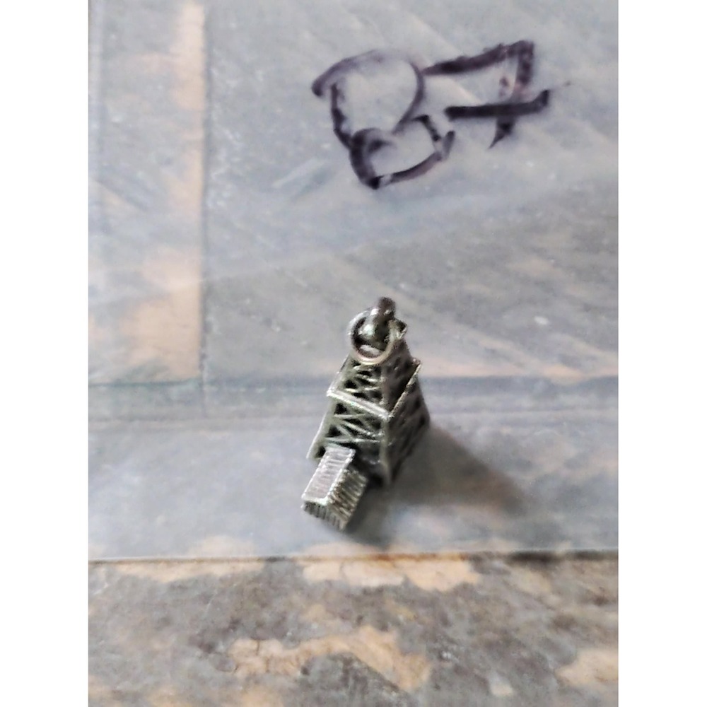 Vintage Silver Oil Derrick Charm Pendant Pump House Drilling Rig 925 Hollow Base
